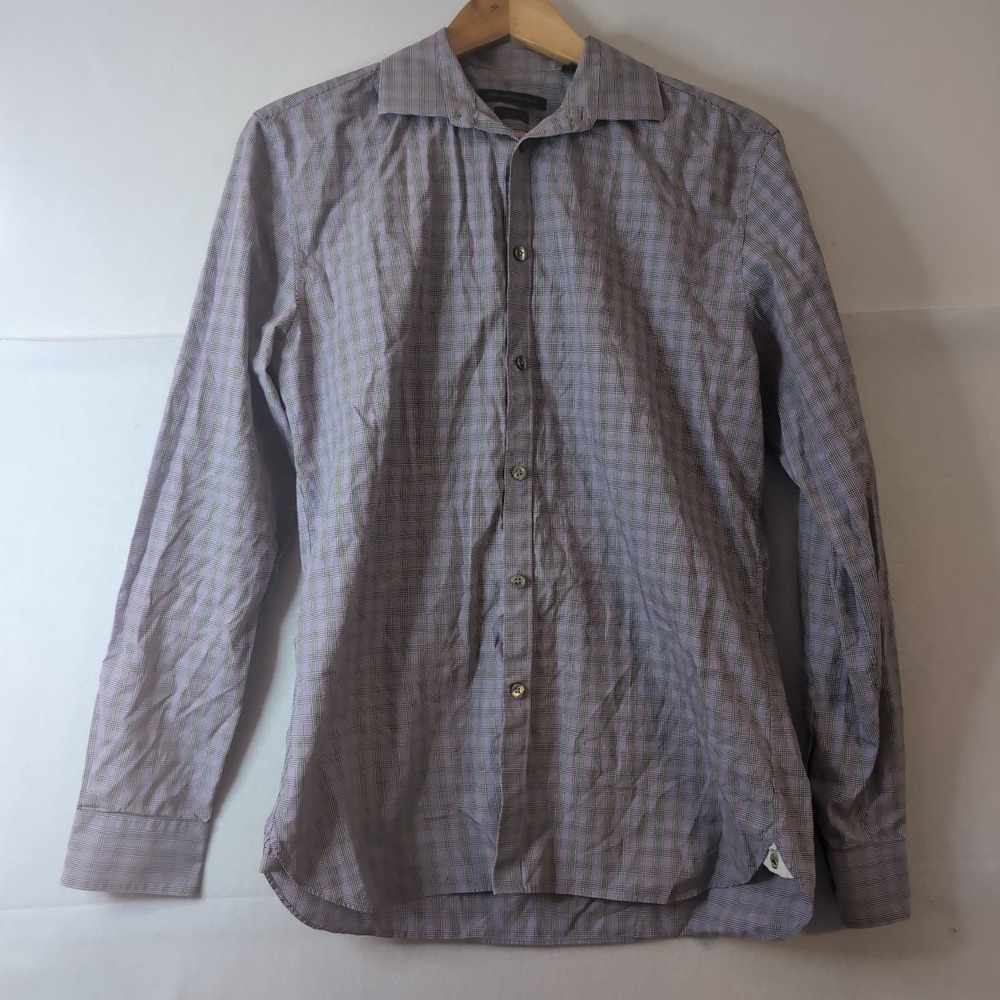 John Varvatos USA Slim Fit Plaid Button Down Shirt Purple Black 15.5 34/35